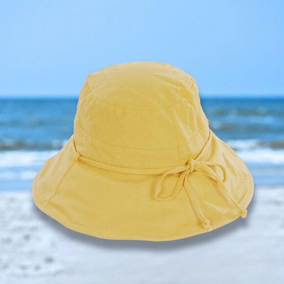 100% Cotton Wired Edge Bucket Hat Yellow UV Sun Protection with Strap for Women - Picture 1 of 3